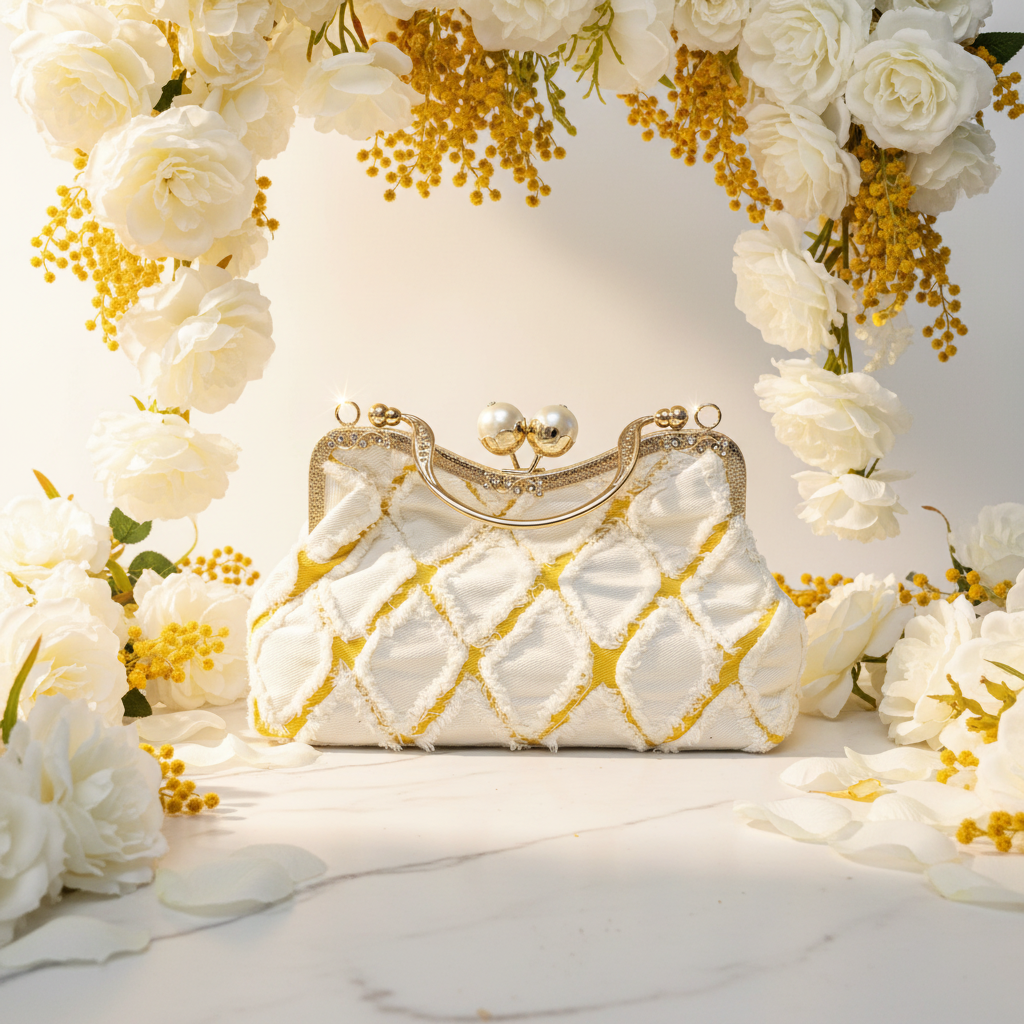 White Gold Quilted Diamond Denim Crystal Pearl Clutch Bright Background