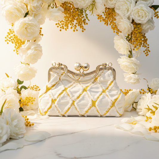 White Gold Quilted Diamond Denim Crystal Pearl Clutch Bright Background