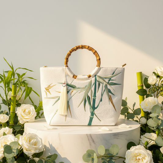 White Jacquard Bamboo Embroidered Tote Bright Background